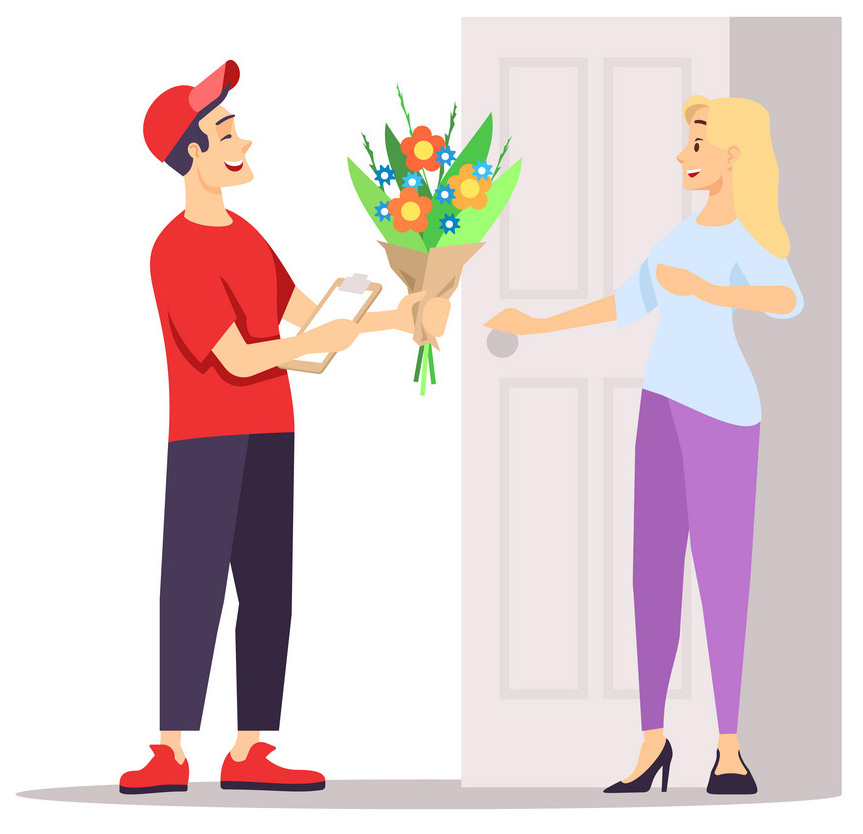 Flower shop delivery guy flat vector illustration. Cheerful courier delivering bouquet isolated cartoon character on white background. Surprised girl, lady, female addressee receiving fresh flowers